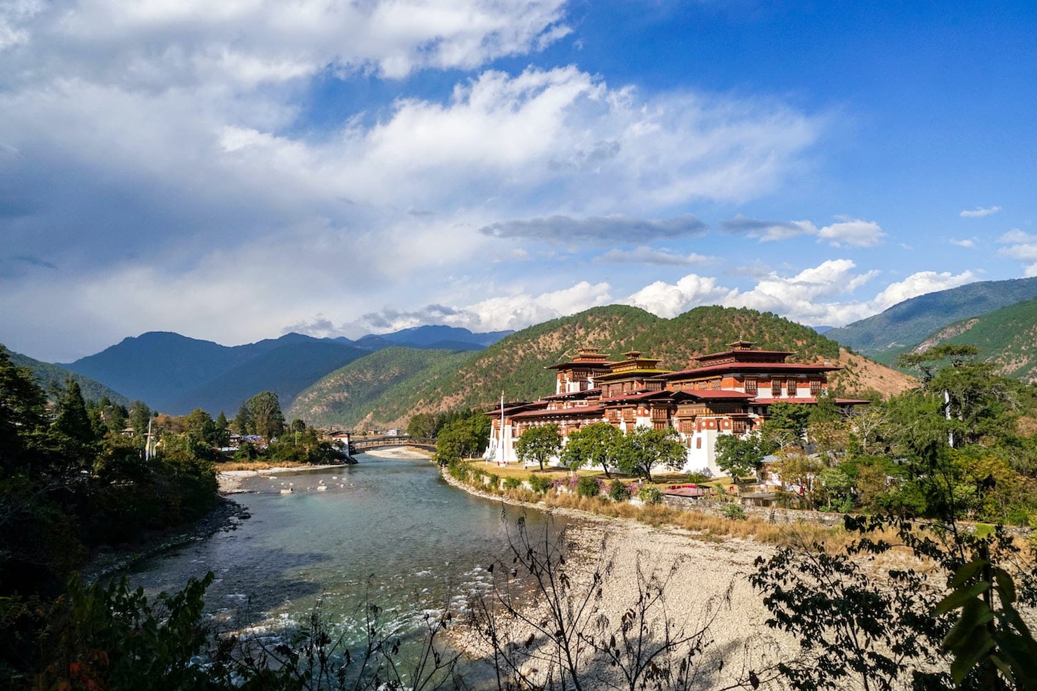 A sprawling scene of tranquility at Paro Dzong, Bhutan, a must-see sight on a Bhutan trip