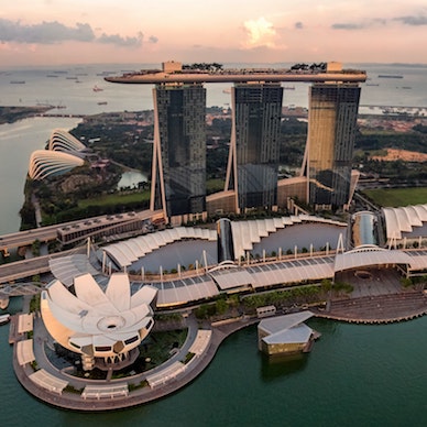A sun sets over the pristine Marina Bay Sands, Singapore's iconic landmark