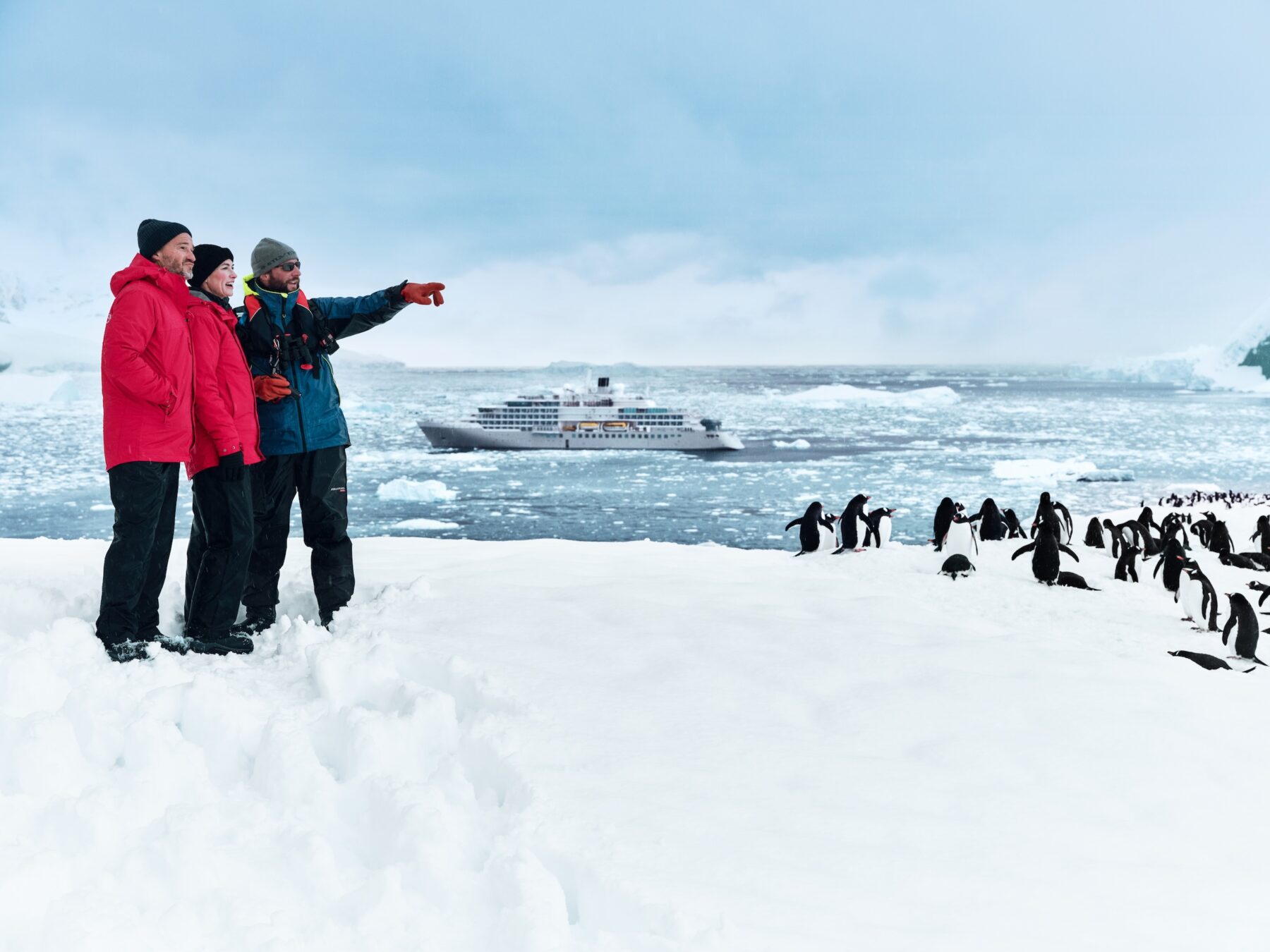 Three people, two in red jackets and one in a blue jacket, stand on a white, snow-covered landscape. The person in the blue jacket points towards a group of black and white penguins. In the distance, a white cruise ship sails through icy water under a cloudy sky